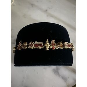 Vintage Fire Truck Bracelet Slide Charms Hat Fire Enamel Red Hydrant 7.5”